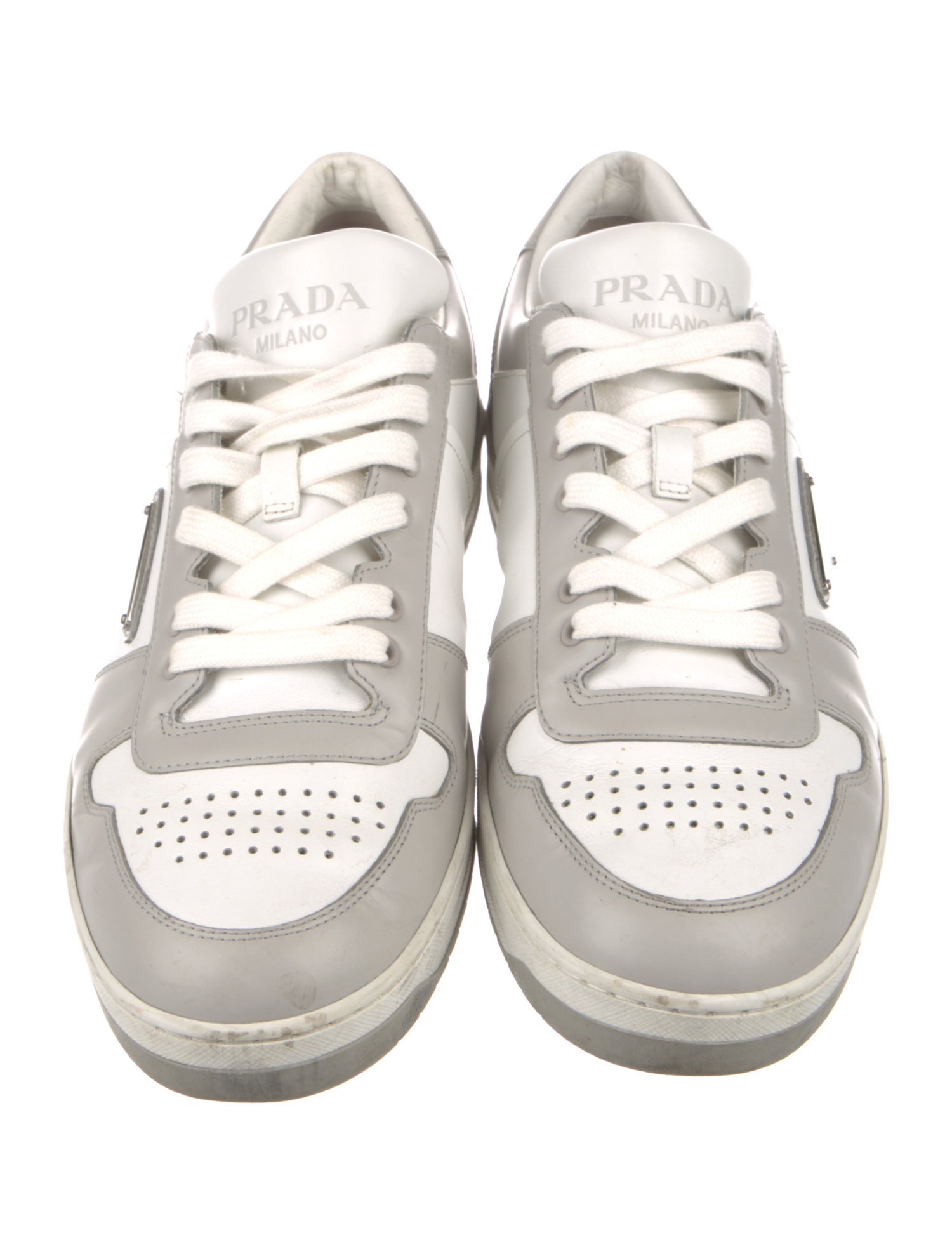 Prada Enameled Metal Triangle Leather Sneakers
